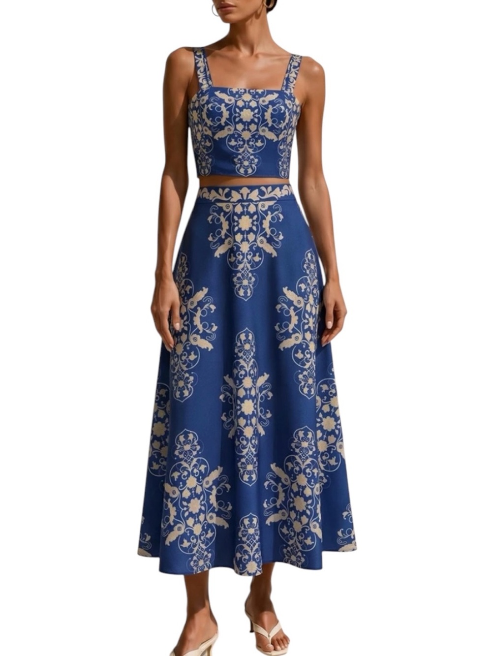 Commense Set Baroque Print Blue Crop Top Maxi Skirt Large NWT